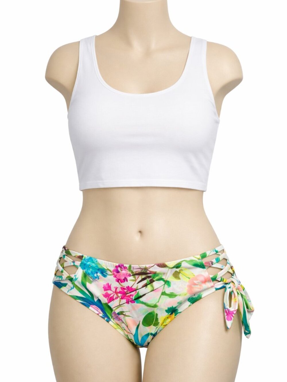 NWT Bebe Tropical Floral Bikini Bottoms - Size L, Strappy Hatch Detail